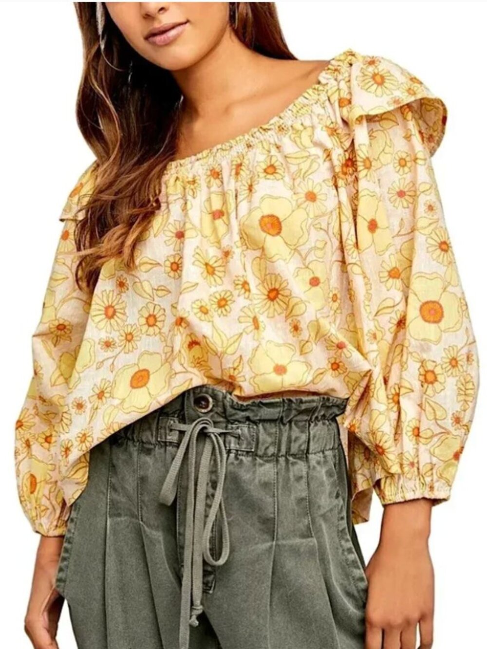 FREE PEOPLE Miss Daisy Floral Balloon Sleeve Scoop Neck Top Yellow Boho Peasant